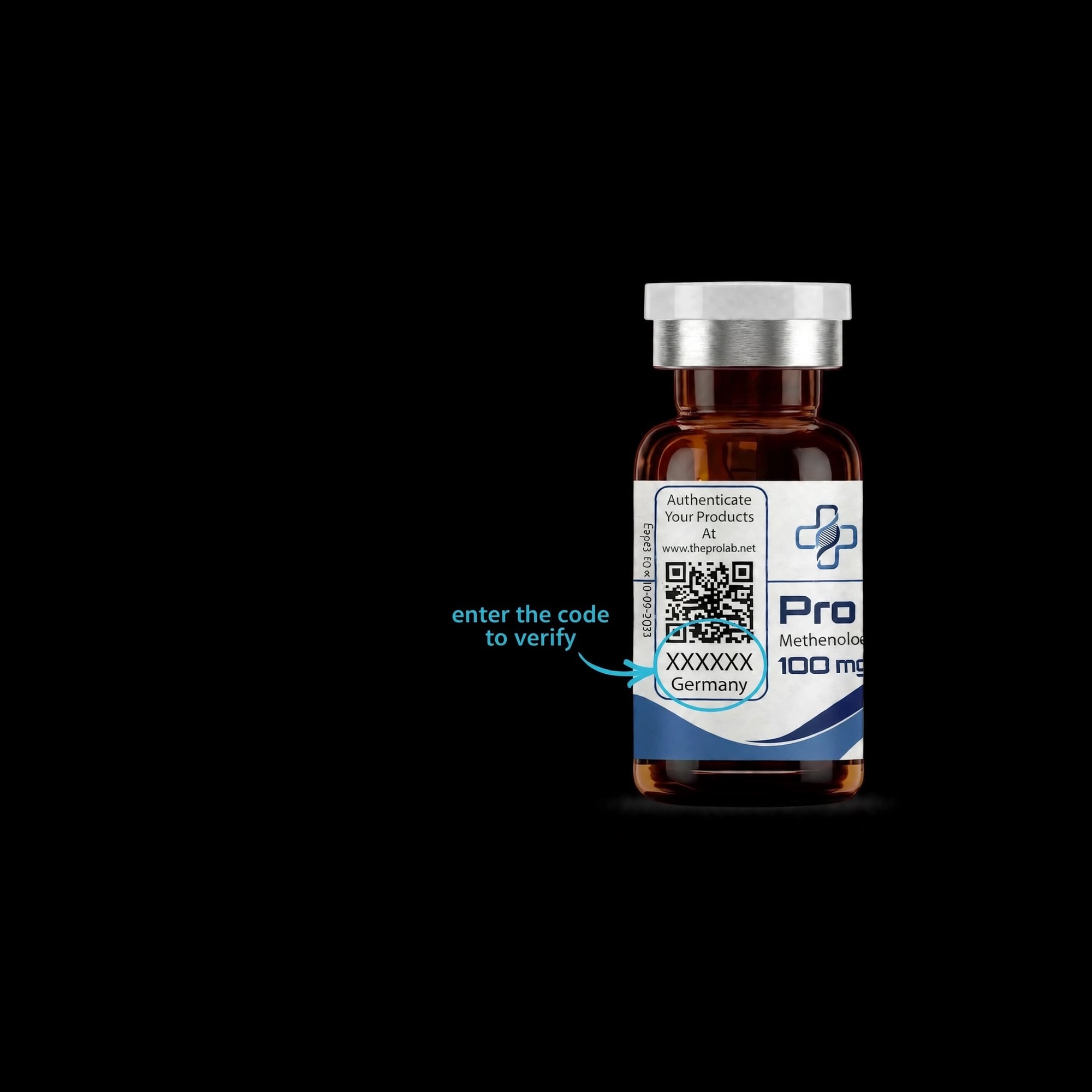 Pro Lab vial showing QR code and verification code location — enter the code to verify